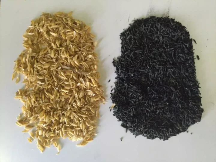 turn rice hulls into charcoal