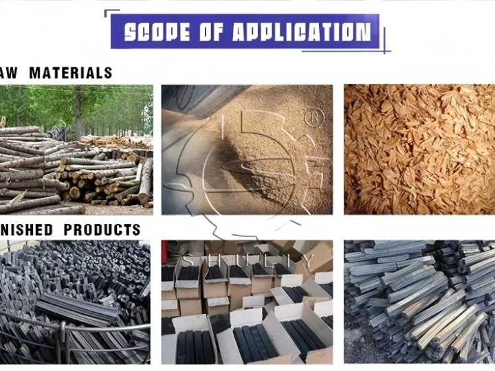 raw materials and finished products of charcoal briquette production line